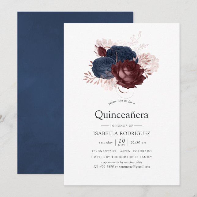 Blommigten Quinceañera vid maronerna, Ro och Guld Inbjudningar (Fram/baksida)