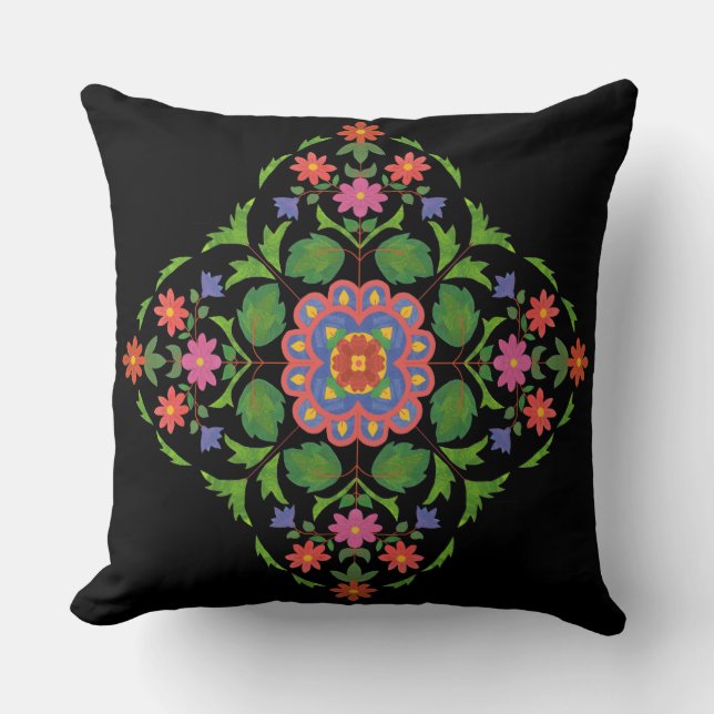 Blommigten Rangoli Mönster på Black Färgad Kudde (Framsida)