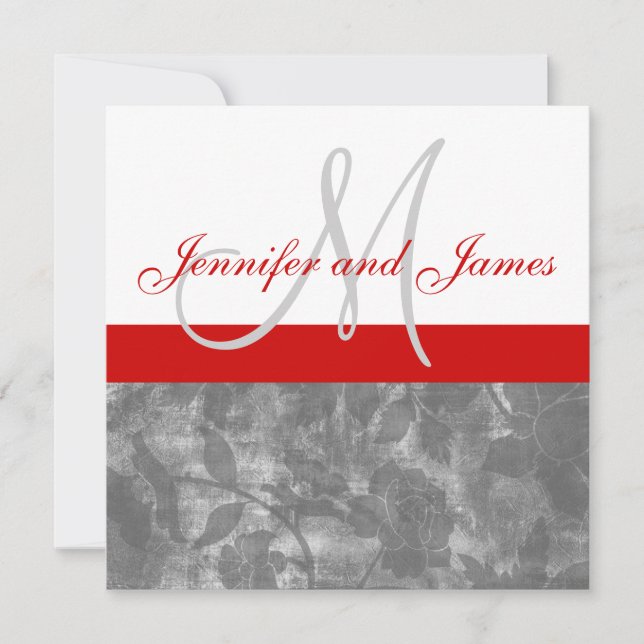 Blommigten Red Grått Wedding bjudande Monogram Nam Inbjudningar (Framsida)