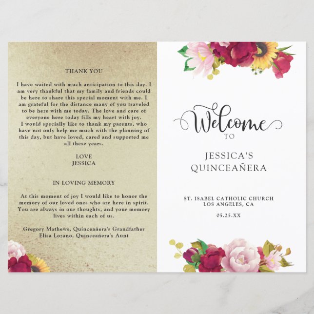 Blommigten Red Guld och Gult Quinceanera Program (Framsida)