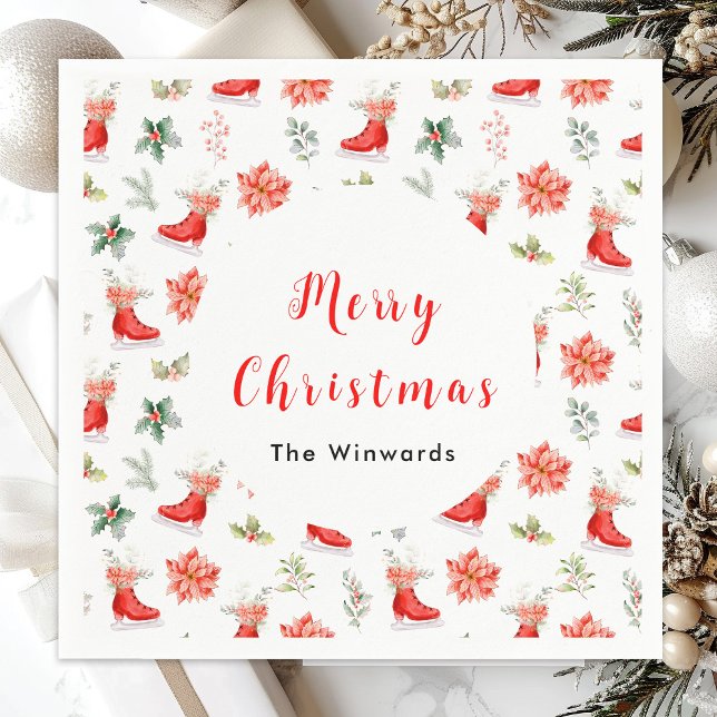 Blommigten Red Ice Skates God jul Pappersservett (Skapare uppladdad)