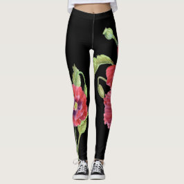 Blommigten Red Poppies Illustration Black Backgrou Leggings