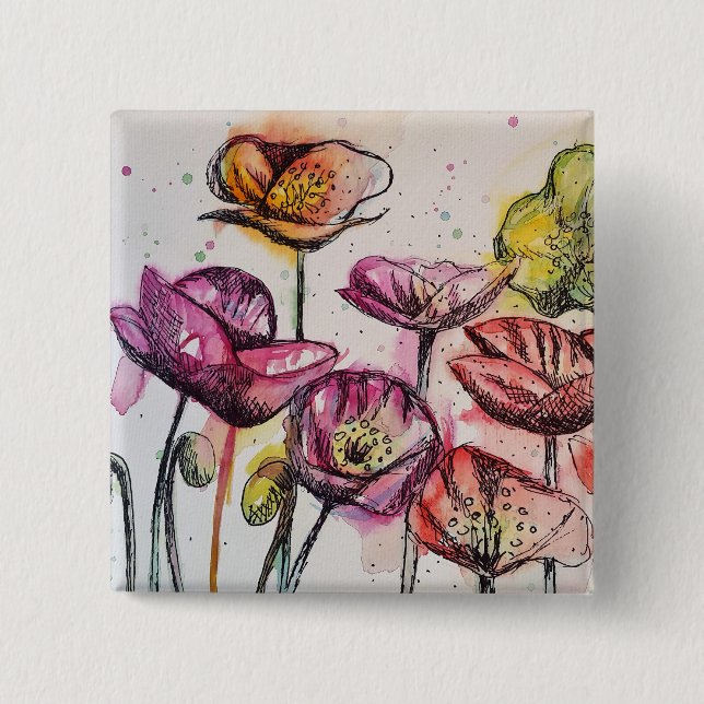 Blommigten Red Rosa Lila Poppy Flowers Poppies Knapp (Framsida)