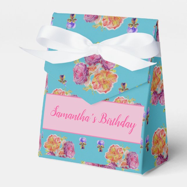 Blommigten Red Rosa ros Shabby chic Teal Aqua till Presentaskar (Framsidan Sidan)