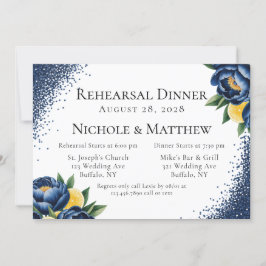 Blommigten Rehearsal Dinner Navy Peony och Citrus Inbjudningar