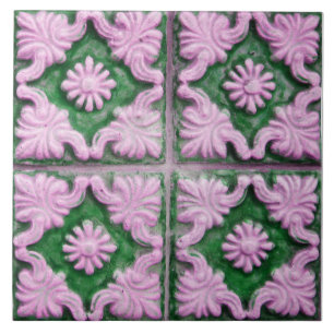 Blommigten Repro portugisisk Faux Relief Grönt Ti Kakelplatta