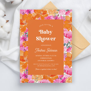 Blommigten Retro Baby Shower för rosa och Orange v Inbjudningar