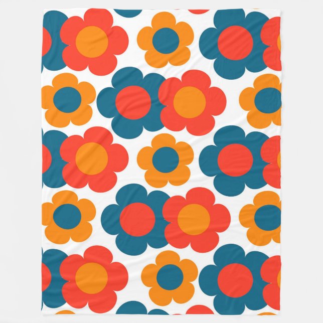 Blommigten Retro Cheerful, vit och Orange,  Fleecefilt (Framsidan)