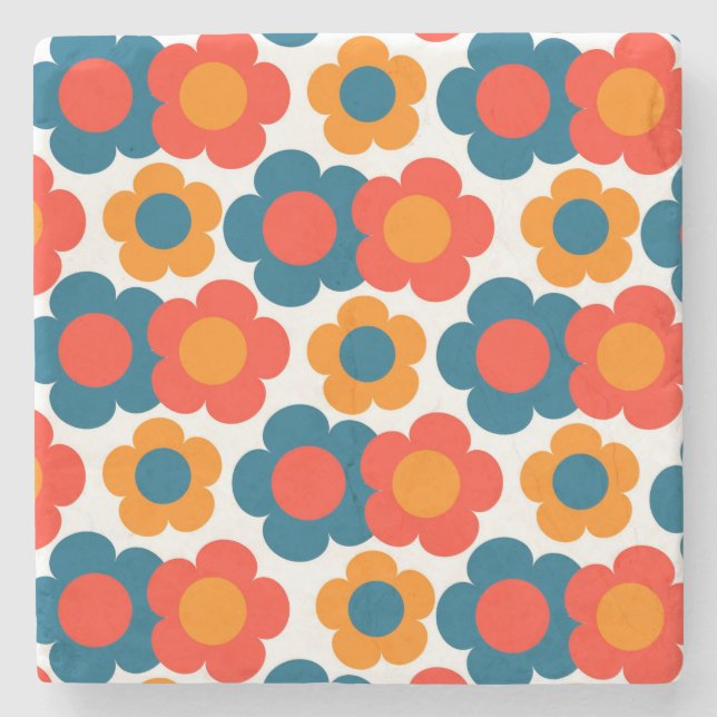 Blommigten Retro Cheerful, vit och Orange,  Stenunderlägg (Framsidan)