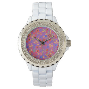 Blommigten Retro för chic Skriv ut på Magenta Wris Armbandsur
