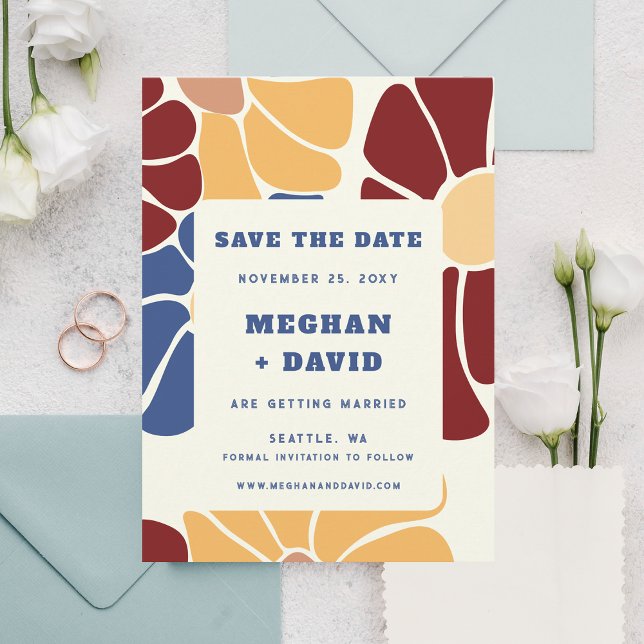 Blommigten Retro Groovy Boho Chic Spara datum Meddelande (Retro Groovy Boho Chic Floral Save The Date Announcement)