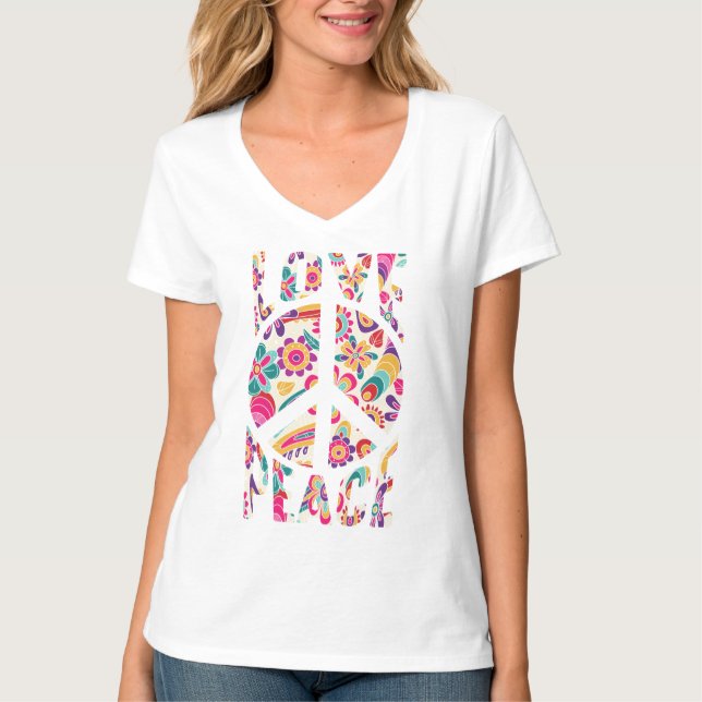 Blommigten Retro Peace och Kärlek T Shirt (Framsida)