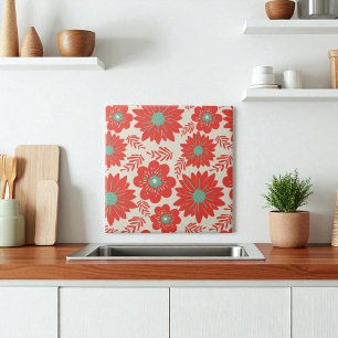 Blommigten Retro Vintage Red Grönt Kakelplatta