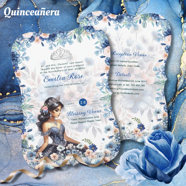 Blommigten Ro för marinblå Quinceanera-bläckfisk Inbjudningar (Skapare uppladdad)