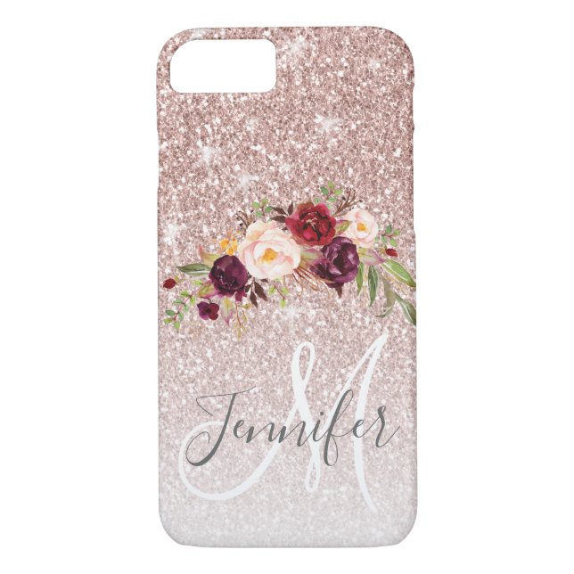 Blommigten Ro Guld Glitter  Monogram Namn Case-Mate iPhone Skal (Baksida)