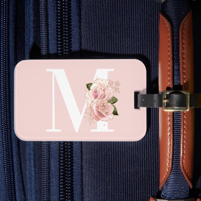 Blommigten ro Guld Glitter  och vit Monogram Bagagebricka (Framsida Insitu 4)