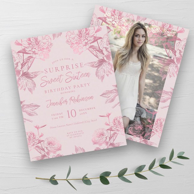  Blommigten ro-Guld KURPRISE-sötare 16 Inbjudan (Rose Gold Blush Floral SURPRISE Sweet 16 Invite)