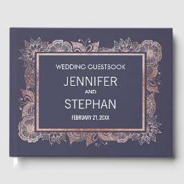 Blommigten ro Guld och Guestbook Navy Blue Bröllop Gästböcker