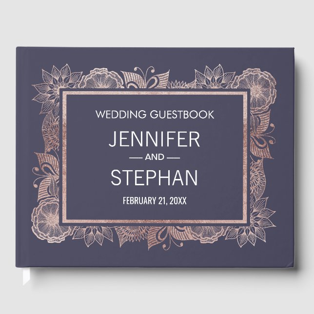 Blommigten ro Guld och Guestbook Navy Blue Bröllop Gästböcker (Framsida)