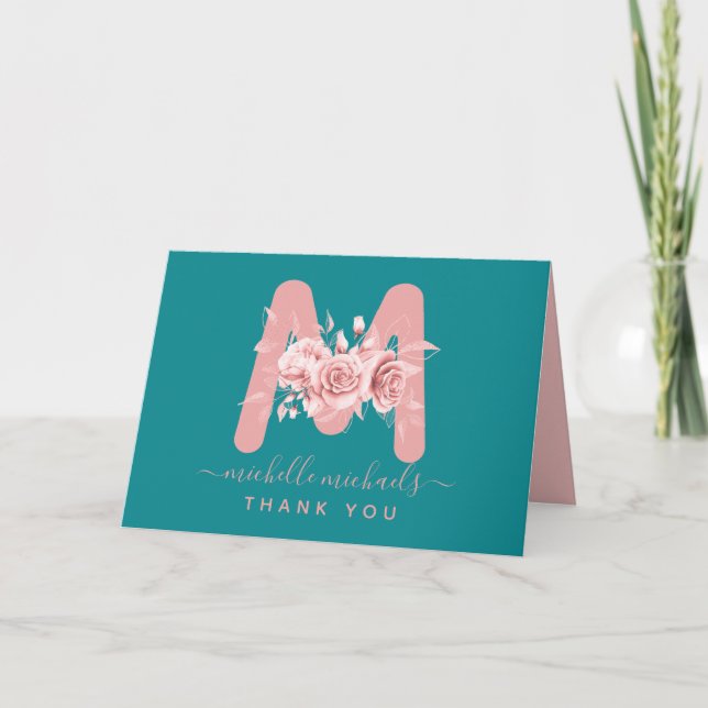 Blommigten Ro Guld Teal Tack Monogram Kort (Framsida)