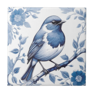 Blommigten Robin Bird Delft Blue and White Kakelplatta