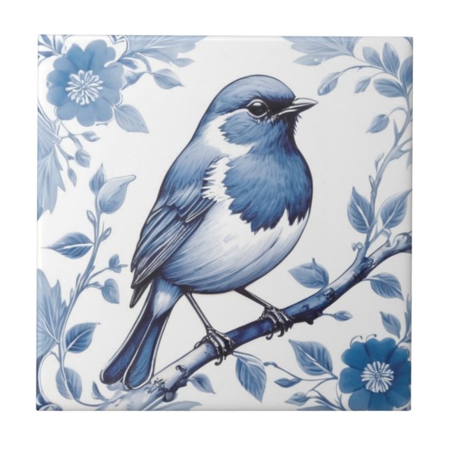 Blommigten Robin Bird Delft Blue and White Kakelplatta (Framsidan)