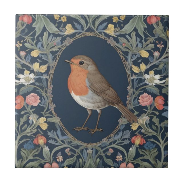 Blommigten Robin Bird William Morris stil L Kakelplatta (Framsidan)