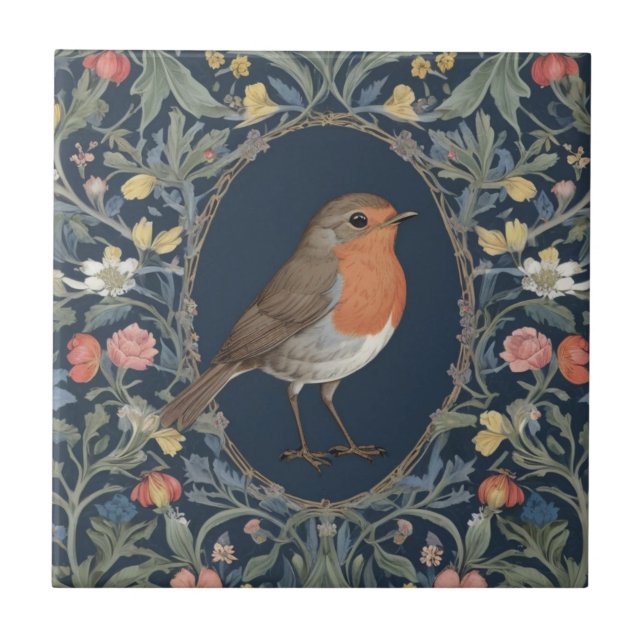 Blommigten Robin Bird William Morris stil R Kakelplatta (Framsidan)