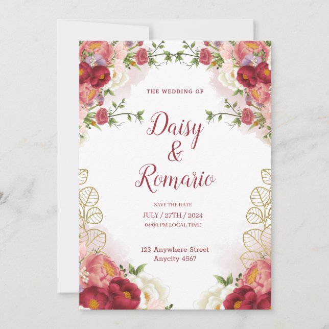 Blommigten Röd Guld-vattenfärg Spara datum Inbjudningar (Framsida)