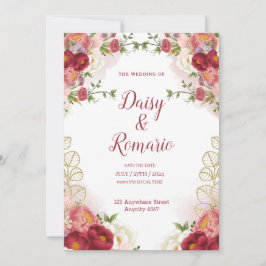 Blommigten Röd Guld-vattenfärg Spara datum Inbjudningar