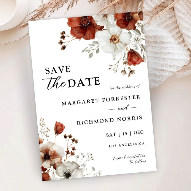 Blommigten Röd och vit rustik vattenfärg Spara dat Inbjudningar (Skapare uppladdad)