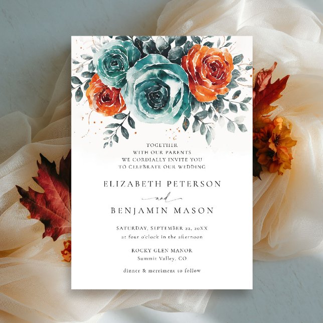 Blommigten Romantic Bröllop för Orangen för sönder Inbjudningar (fall wedding invitation teal burnt orange terracotta watercolor floral botanical modern elegant)