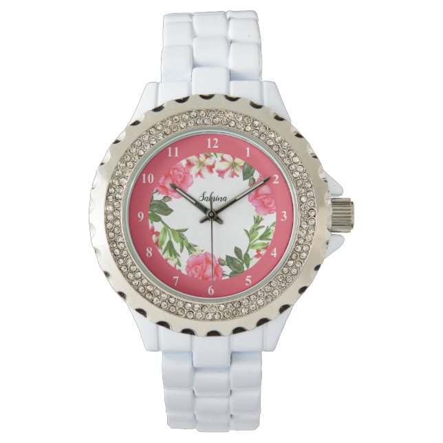 Blommigten Rosa Flowers  Illustration Armbandsur (Framsida)