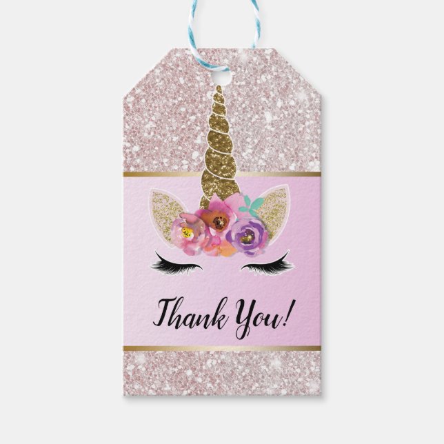 Blommigten Rosa för Glam Unicorn i Glitter Guld, V Presentetikett (Framsidan)