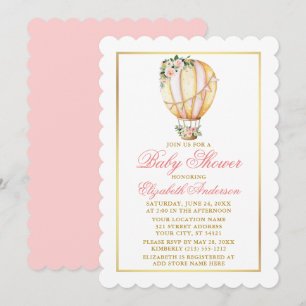 Blommigten Rosa för vattenfärgen Ballon Baby Showe Inbjudningar