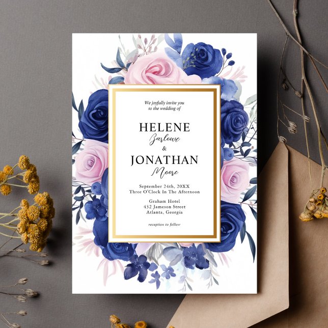 Blommigten Rosa Garden Elegant bröllop Inbjudningar (Navy Blue Pink Floral Garden Elegant Wedding Invitation)