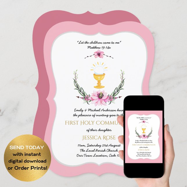 Blommigten rosa Girls First Heliga Communion-inbju Inbjudningar (Skapare uppladdad)