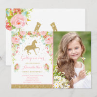 Blommigten Rosa Guld Horse Birthday bjudande