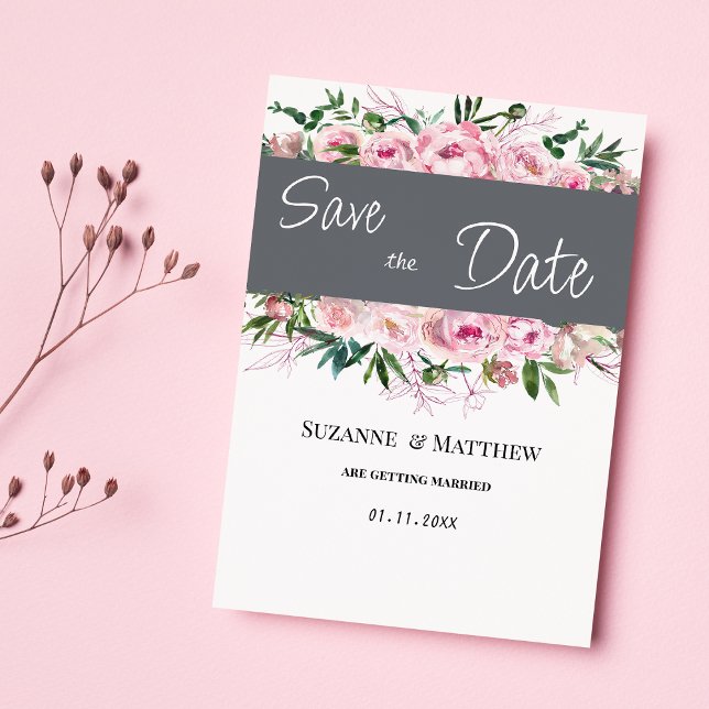 blommigten rosa korallpeoni  sommaren Spara datum Inbjudningar (Pink coral peony floral summer Save the Date)