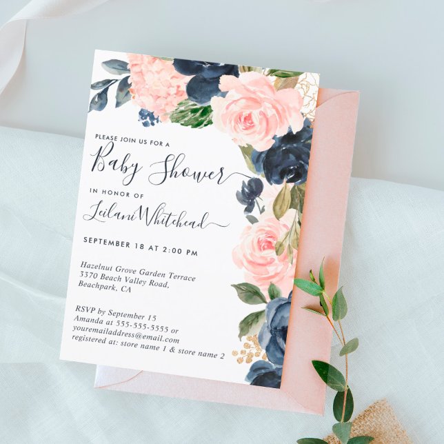 Blommigten Rosa Navy  Cascade Inbjudningar (Skapare uppladdad)