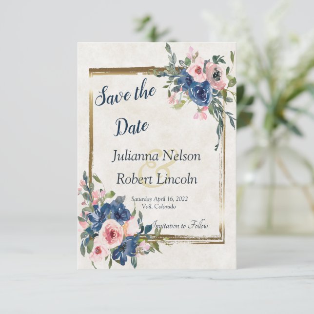 blommigten rosa och blå vattenfärg spara datumet i inbjudningar (Stående Fram)