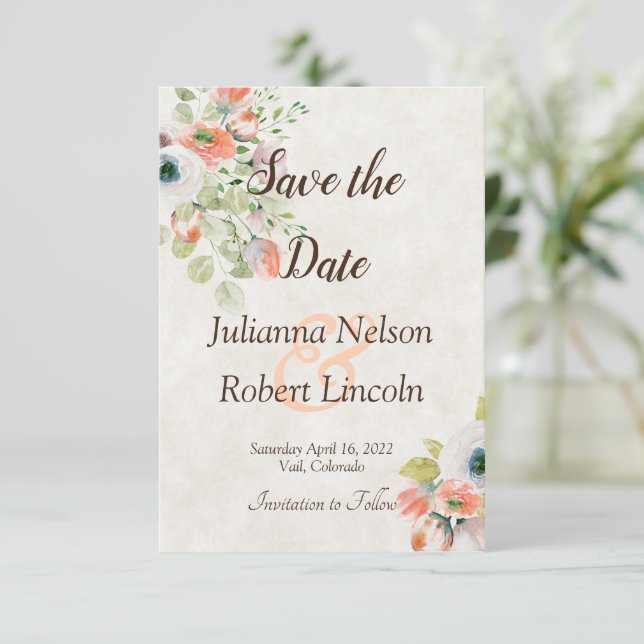 blommigten rosa och blå vattenfärg spara datumet i inbjudningar (Stående Fram)