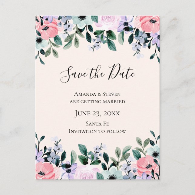 Blommigten rosa och Lila vattenfärgen Spara datum Inbjudan Vykort (Framsida)