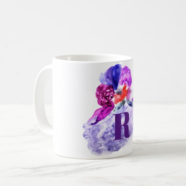 Blommigten rosa och violett vattenfärg Monogrammad Kaffemugg (Framsida vänster)
