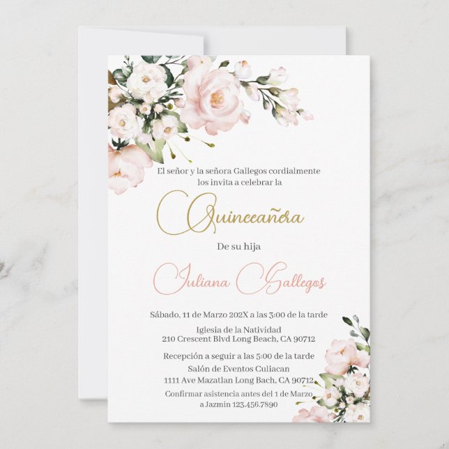 Blommigten Rosa Quinceanera - inbjudan (Framsida)