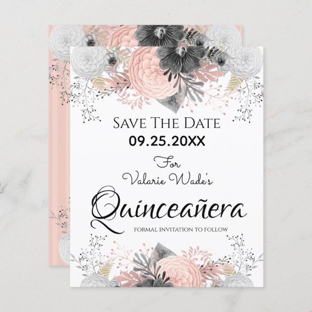 Blommigten  Rosa Quinceanera Spara datum (Fram/baksida)