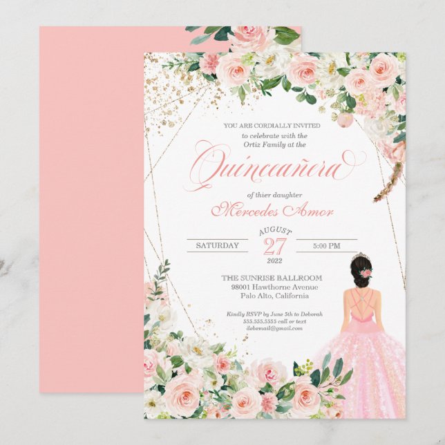 Blommigten  Rosa ros Quinceanera Firande i Inbjudningar (Fram/baksida)
