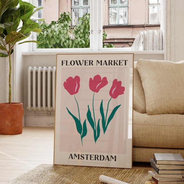Blommigten Rosa Tulips på världsmarknaden i Amster Poster (In situ Living room)