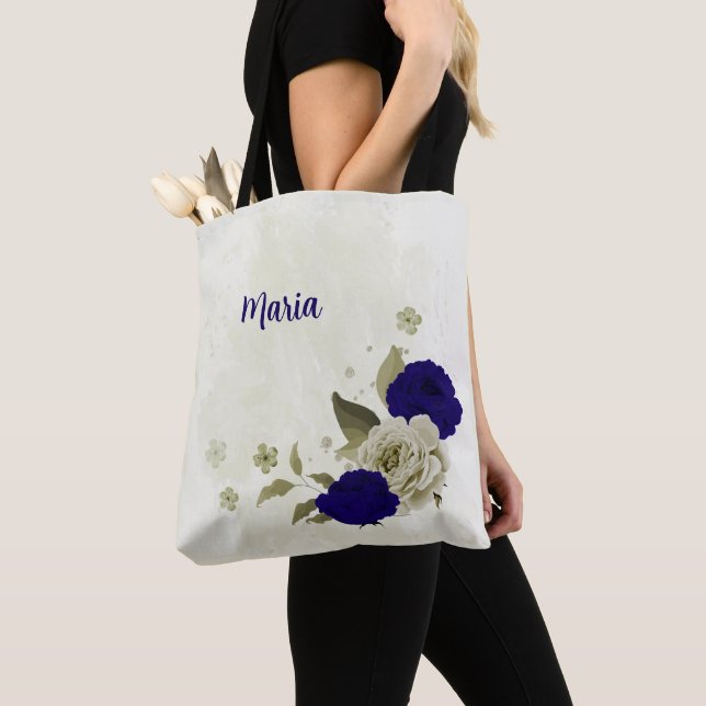 blommigten royal blå beige tygkasse (Närbild)
