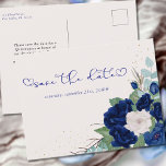 Blommigten royal Blue och Ivory Ro Spara datum Meddelande Vykort<br><div class="desc">Blommigt Spara det datumvykort som du vill anpassa för alla tillfälle. Utformningen har ro i royal blå marin och elfenben med guld konetti-, löv- och eukalyptus löv. Spara datumet med kärlek-hjärtblommor. Mallen är konfigurerad så att du kan lägga till ditt speciella datum och ett anpassningsbar-meddelande på baksidan. Bläddra i butiken...</div>